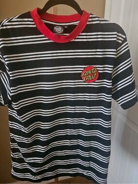 Santa Cruz Skateboards  Black & White Striped Tee with Red Collar